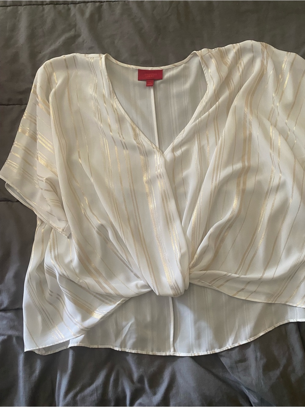 Jennifer Lopez White Blouse with Gold Stripes and Twist Front
